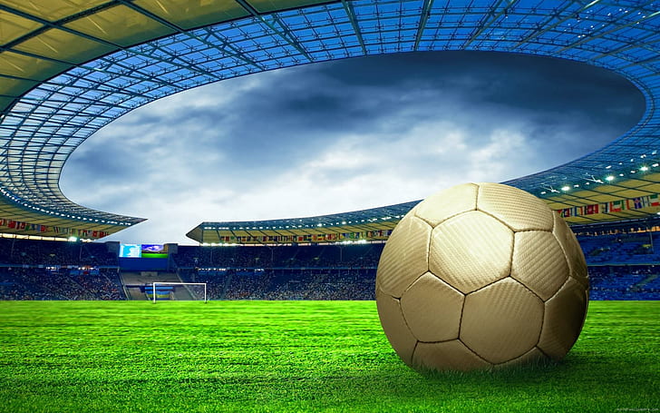 Football stadium, white soccer ball on green soccer field, sport