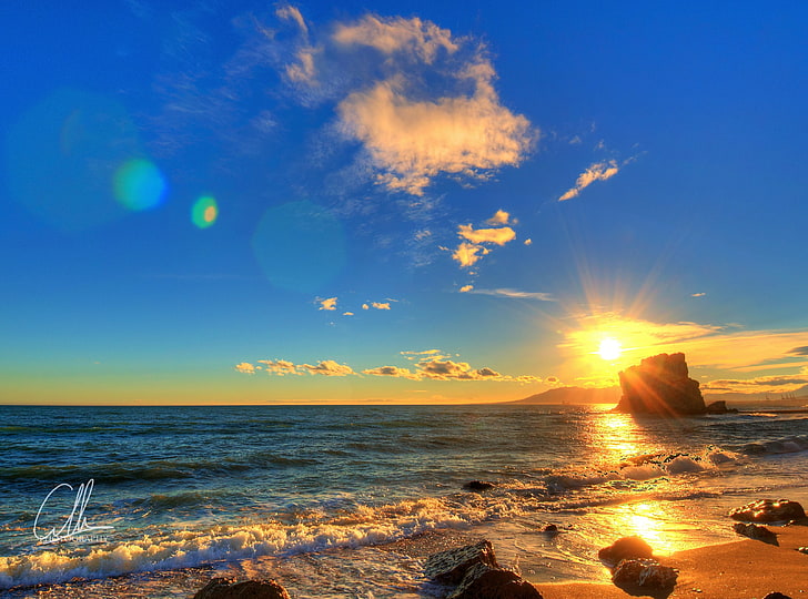 Summer Sunset Scene, body of water, Europe, Spain, Blue, Beach, HD wallpaper