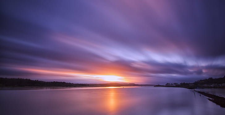 body of water during purple sunset, River Clyde, Scotland, long exposure, HD wallpaper