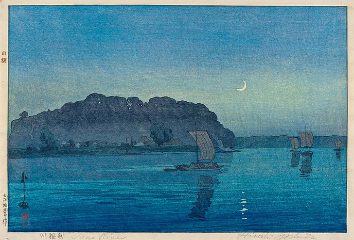 four boat on sea painting, Yoshida Hiroshi, artwork, ship, Japan, HD wallpaper
