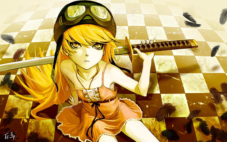 female anime character holding katana digital wallpaper, Oshino Shinobu