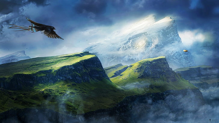 mountains, eagle, bird of prey, sky, clouds, Zeppelin, HD wallpaper