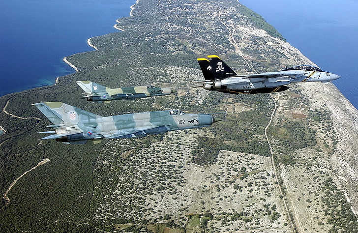 airplane, F-14 Tomcat, MiG-21, military aircraft, vehicle, sea