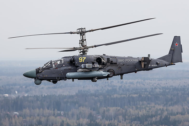 gray military helicopter, flight, Russian, Ka-52, shock, 