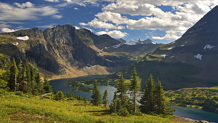 Hidden Lake Glacier Np Montana, trees, grass, mountains, nature and landscapes
