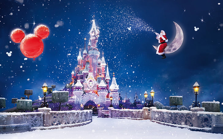 Disney castle digital wallpaper, snow, lights, holiday, magic