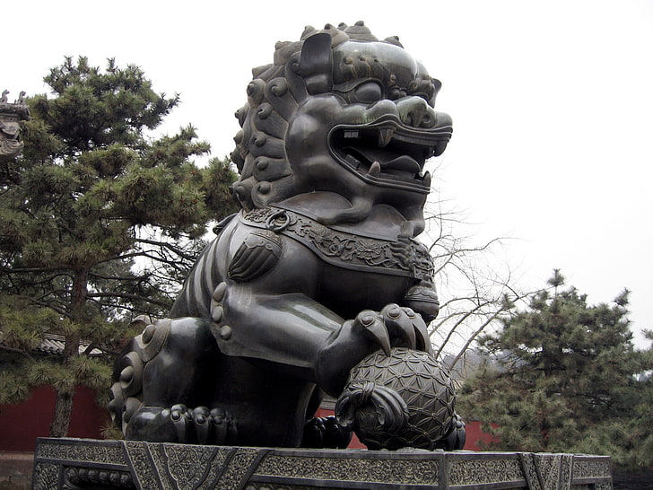 gray Chinese guardian lion statue, china, monument, sculpture, HD wallpaper