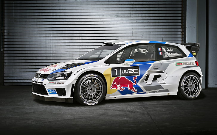white, blue, and red Red Bull car, Auto, Volkswagen, Garage, WRC