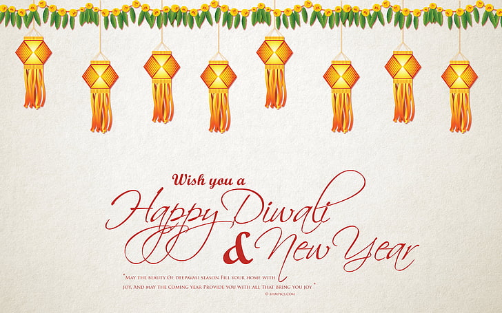 Happy Diwali and New Year, green and yellow lanterns, Festivals / Holidays