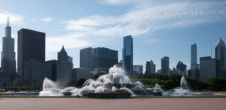 buckingham, buildings, chicago, daytime, fountain, sky, skyline view, HD wallpaper