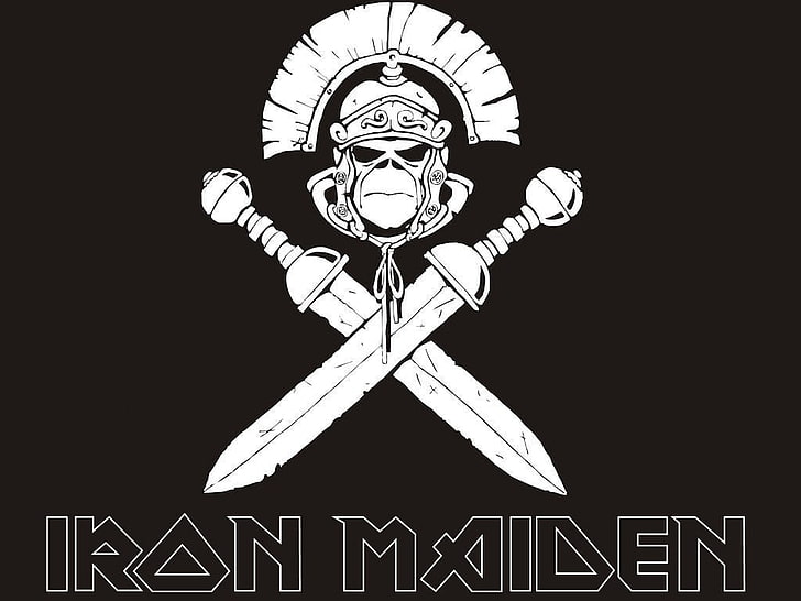 Iron Maiden logo, skull, music, no people, black background, low angle view