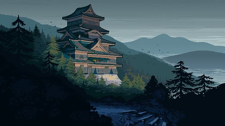 Japanese Castle Cherry Blossom Mountain Art 4K Wallpaper iPhone HD