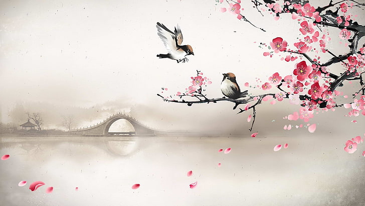 two bird and cherry blossom tree clip art, bridge, fog, river, HD wallpaper