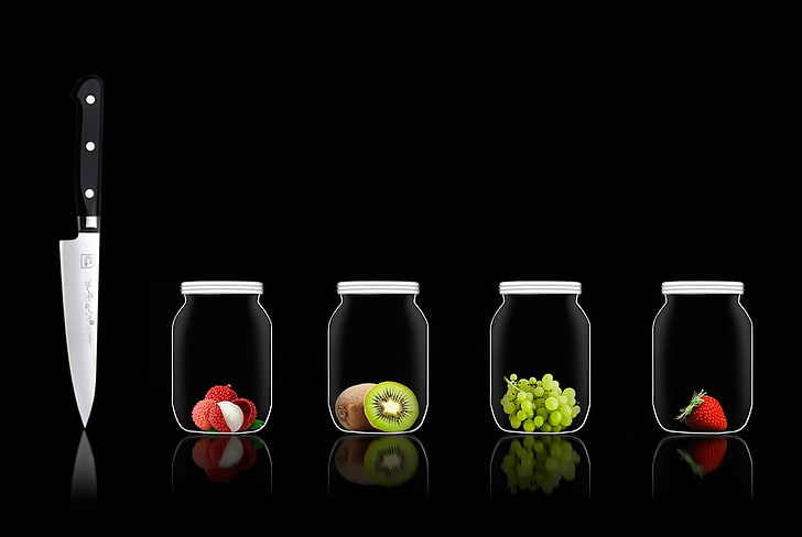 clear glass mason jars and knife, glasses, fruit, simple, black, HD wallpaper