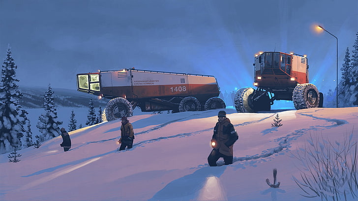 two snow vehicles, drawing, Simon Stålenhag, futuristic, Rescue Team