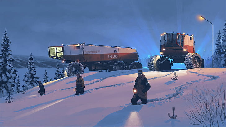 futuristic, artwork, snow, vehicle, winter, drawing, Rescue Team, HD wallpaper