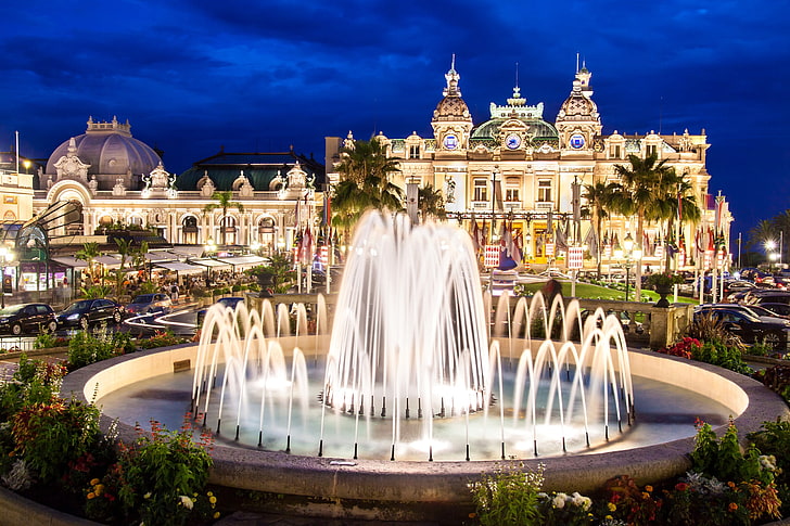night, lights, fountain, Palace, Monaco, Monte Carlo, Casino