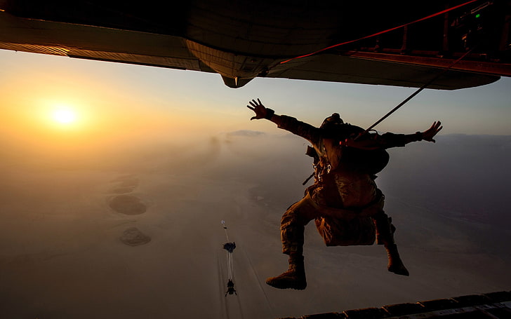 aircraft, parachutes, desert, paratroopers, one person, full length, HD wallpaper