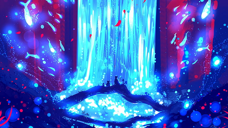 digital art, waterfall, ryky, fish, cyan, cat, blue, illuminated