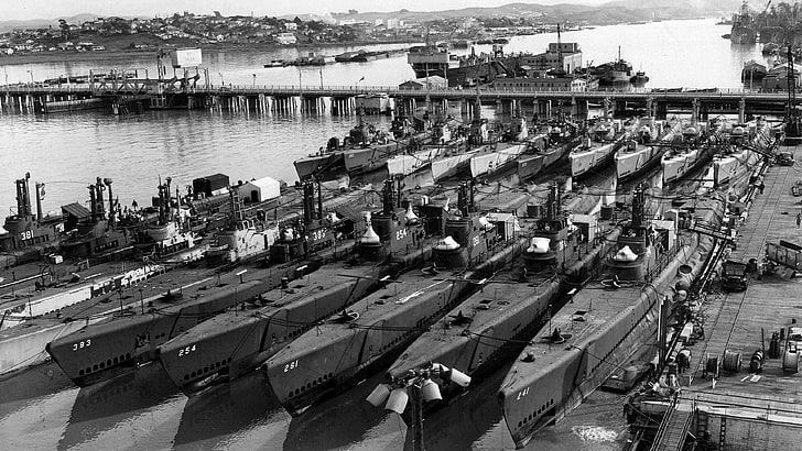 grayscale photo of submarines, boat, dock, military, vehicle
