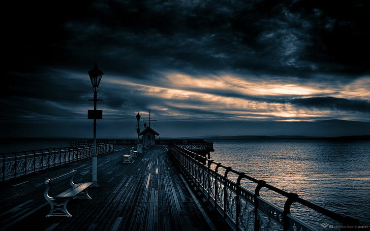 sea, pier, clouds, HD wallpaper