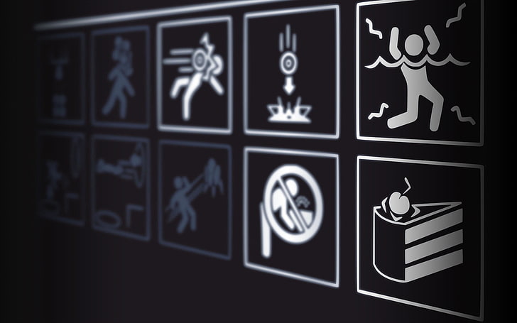warning signs, video games, Portal (game), Portal 2, indoors, HD wallpaper
