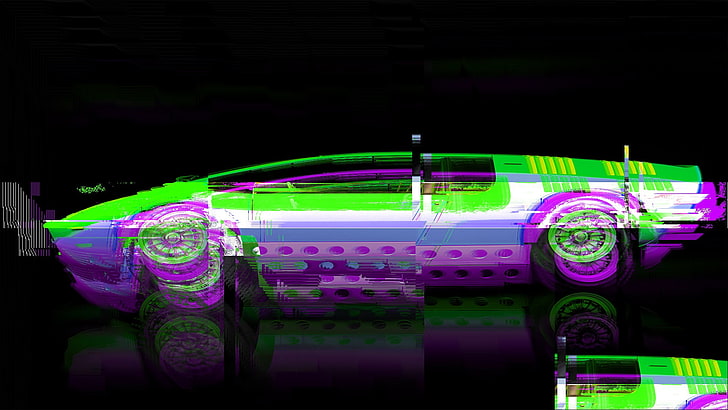 green, purple , and white car illustration, glitch art, night