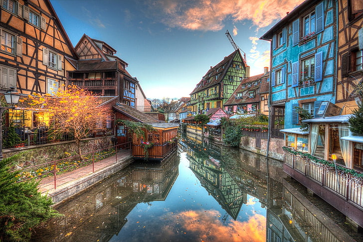 Towns, Colmar, Alsace, Canal, France, HDR, House, Reflection, HD wallpaper