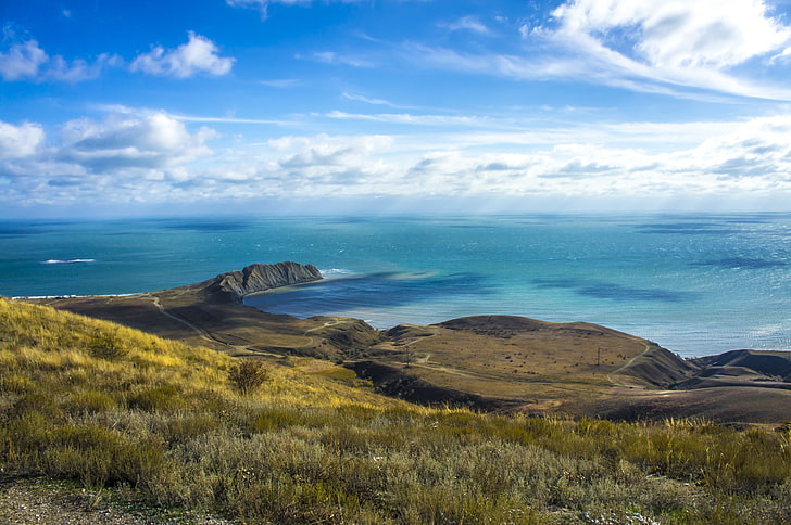 green grass, sea, the sky, chameleon, blue, view, Crimea, Cape, HD wallpaper