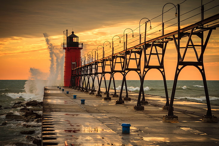 red lighthouse, wave, the sky, water, Michigan, pierce, USA, South Haven, HD wallpaper