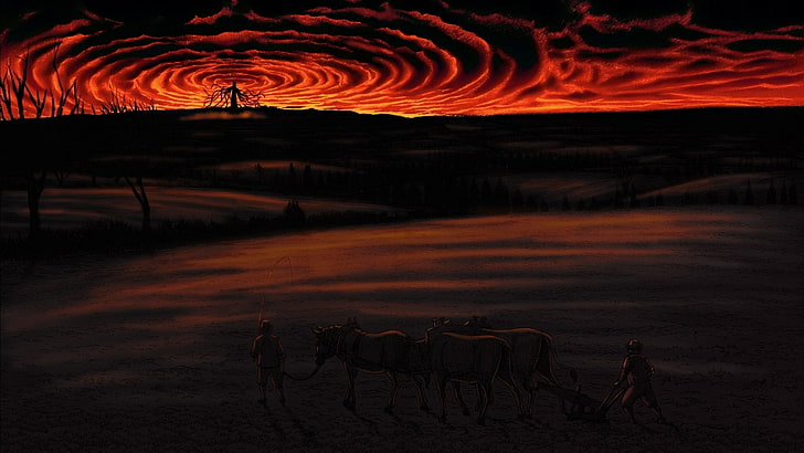 silhouette of trees with yellow and red sky illustration, Berserk