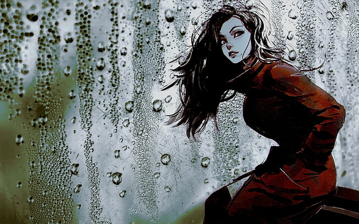 black-haired woman animated character in red coat, drawing, Ilya Kuvshinov, HD wallpaper