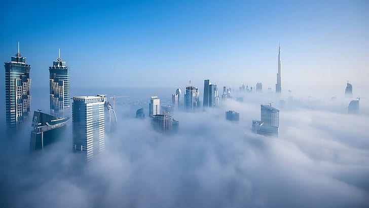 cityscapes mist dubai skyscrapers burj alkhalifa united arab emirates skyscapes burj al arab burj k Nature Sky HD Art, HD wallpaper