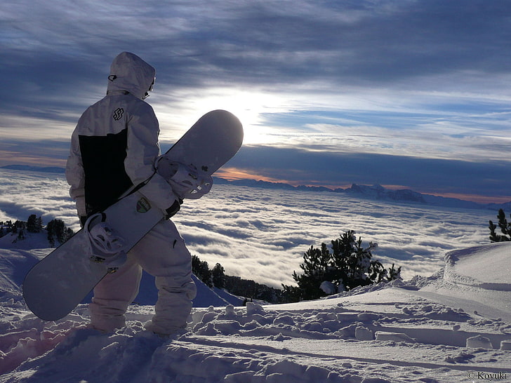 white snowboard with bindings, snowboarding, snowboards, landscape, HD wallpaper