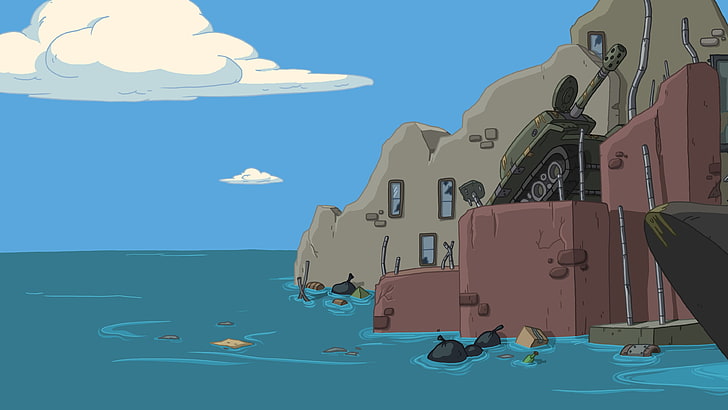 sea illustration, Adventure Time, cartoon, sky, nature, building exterior