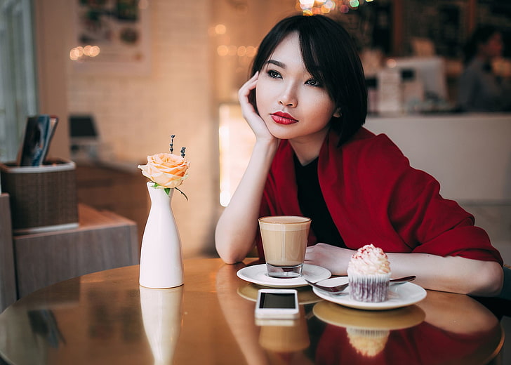 Asian, table, women, model, food and drink, sitting, cafe, one person, HD wallpaper