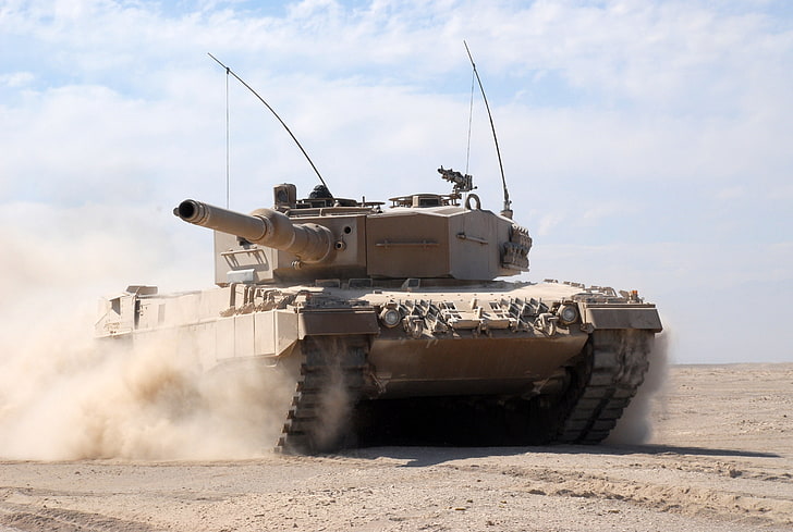 brown battle tank, sand, desert, dust, combat, armor, Leopard 2 A4