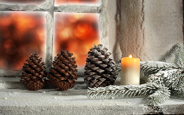 Holidays, Christmas, fir cone, snow, candle, window, light, winter, HD wallpaper