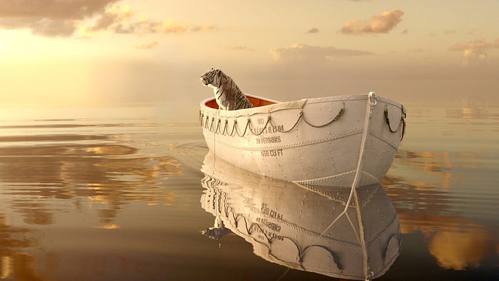 white tiger and boat, Movie, Life of Pi, water, nautical vessel