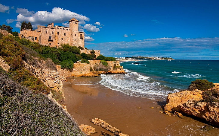 beach, castle, catalonia, costa, dorada, spain, tamarit, tarragona