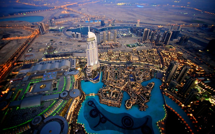 United Arab Emirates, cityscape, building, lights, aerial view, HD wallpaper
