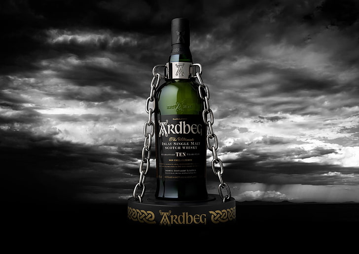 whisky, Ardbeg, alcohol, Scotch, bottles, chains, clouds, landscape, HD wallpaper