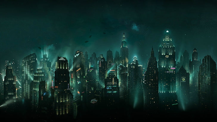 city landscape wallpaper, video games, Rapture, BioShock, underwater