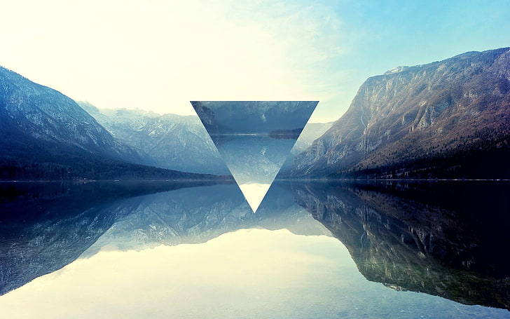 body of water and mountains, triangle, polyscape, lake, reflection