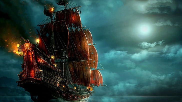 sailing ship, fantasy art, artwork, pirates, lantern, ghost ship, HD wallpaper
