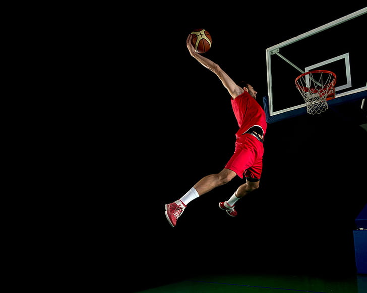 mesh, jump, basket, shorts, the ball, t-shirt, red, athlete, HD wallpaper