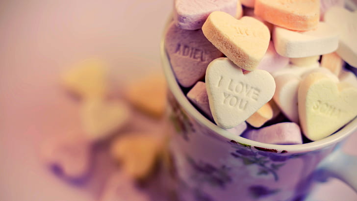Love hearts candy, cup, bokeh, HD wallpaper