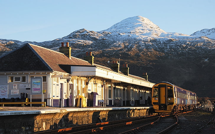 train station, mountains, snowy peak, Scotland, architecture, HD wallpaper