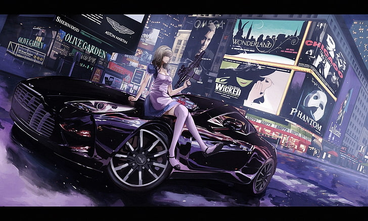 black sports car illustration, Alice in Wonderland, gun, city, HD wallpaper