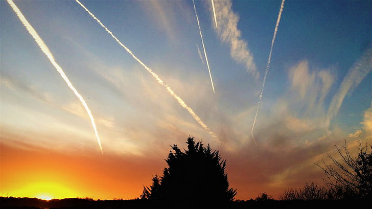 Northern Ireland, sunset, vapor trails, cloud - sky, beauty in nature, HD wallpaper